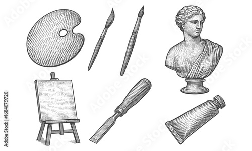 Vintage sketch of classic art supplies with marble sculpture bust and tools