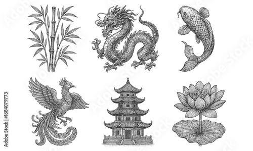 Asian cultural symbols sketch: dragon, koi, bamboo, phoenix, pagoda, lotus