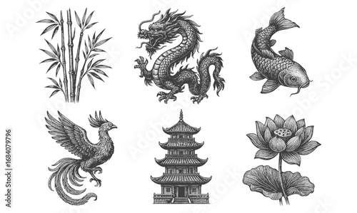 Intricate asian symbols: dragon, lotus, bamboo, koi, pagoda, phoenix