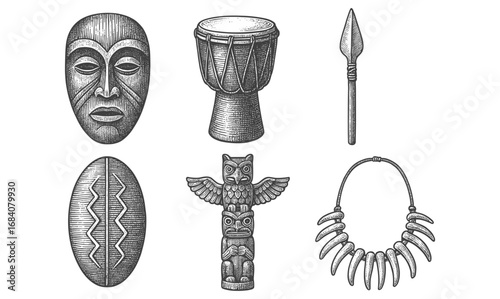 Vintage tribal artifacts: mask, drum, spear, necklace, totem, shield