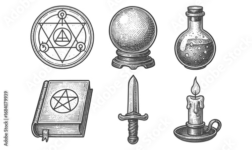Mystical alchemy icons: vintage style magic symbols and tools collection