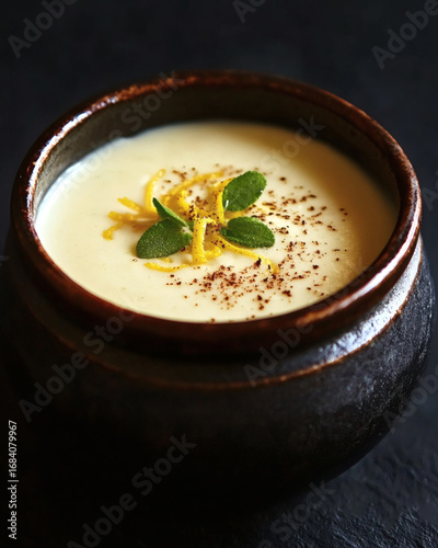 Lemon verbena posset with candied zest in ceramic ramekin