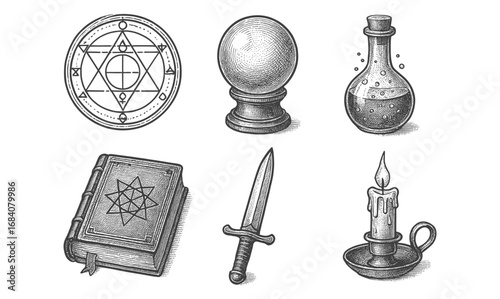 Vintage occult objects collection featuring crystal ball and candle