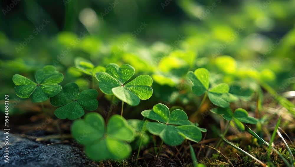 Naklejka premium Close-up of vibrant green clover leaves. Sunlight filters through, illuminating the delicate foliage. Soft focus on the background