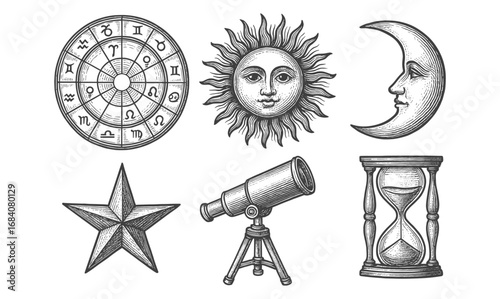 Vintage celestial icons with zodiac wheel, sun, moon, telescope, hourglass, and star
