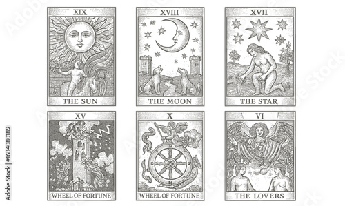 Mystical tarot cards collection featuring the sun, moon, star, wheel of fortune, and the lovers