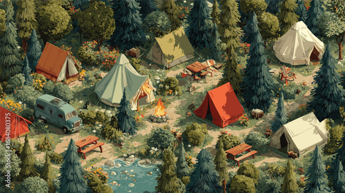 Forest campground with colorful tents and trailers, green trees, creek flowing, tranquil nature scene.

