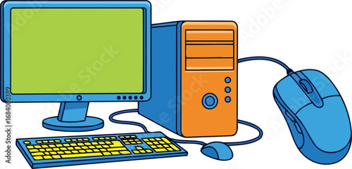 classic desktop computer setup blue monitor, orange tower, yellow keyboard, and mouse