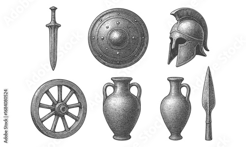 Vintage engravings of ancient greek artifacts: swords, helmets, shields, amphorae, and more