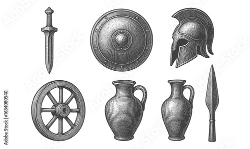 Ancient greek artifacts collection: helmets, shields, spears, and pottery in vintage style