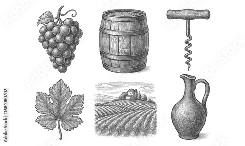 Vintage winery elements with grapes, barrel, and countryside landscape in engraved style