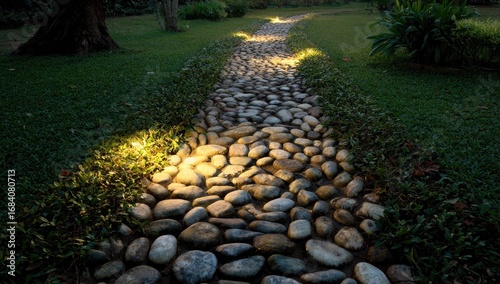Stone path lit by spotlights in a garden at night