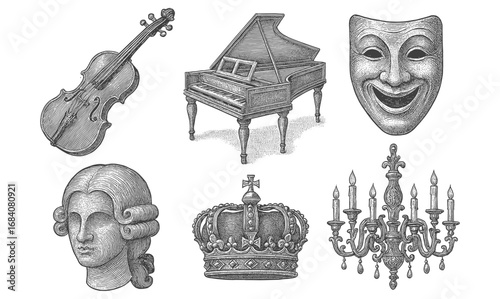 Vintage engraving art: classical music and theatre symbols in detailed black and white
