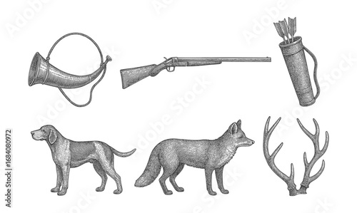 Vintage hunting equipment and wildlife engravings: horn, rifle, quiver, dog, fox, antlers