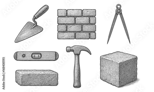 Detailed hand-drawn construction tools and materials in vintage style