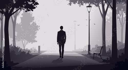Man walking alone in park. Silhouette of a man walking alone in a foggy park at dusk  