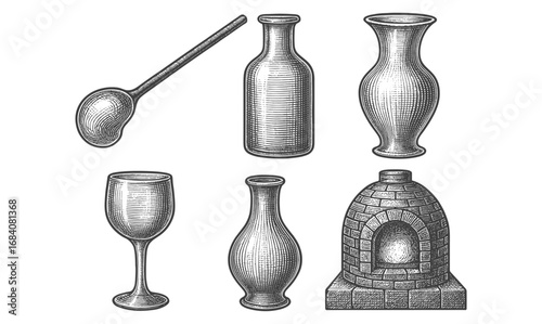 Vintage engraved kitchenware and pottery collection