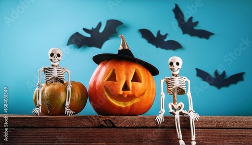 GeSkeleton in a floral hat giving thumbs up on an orange wall