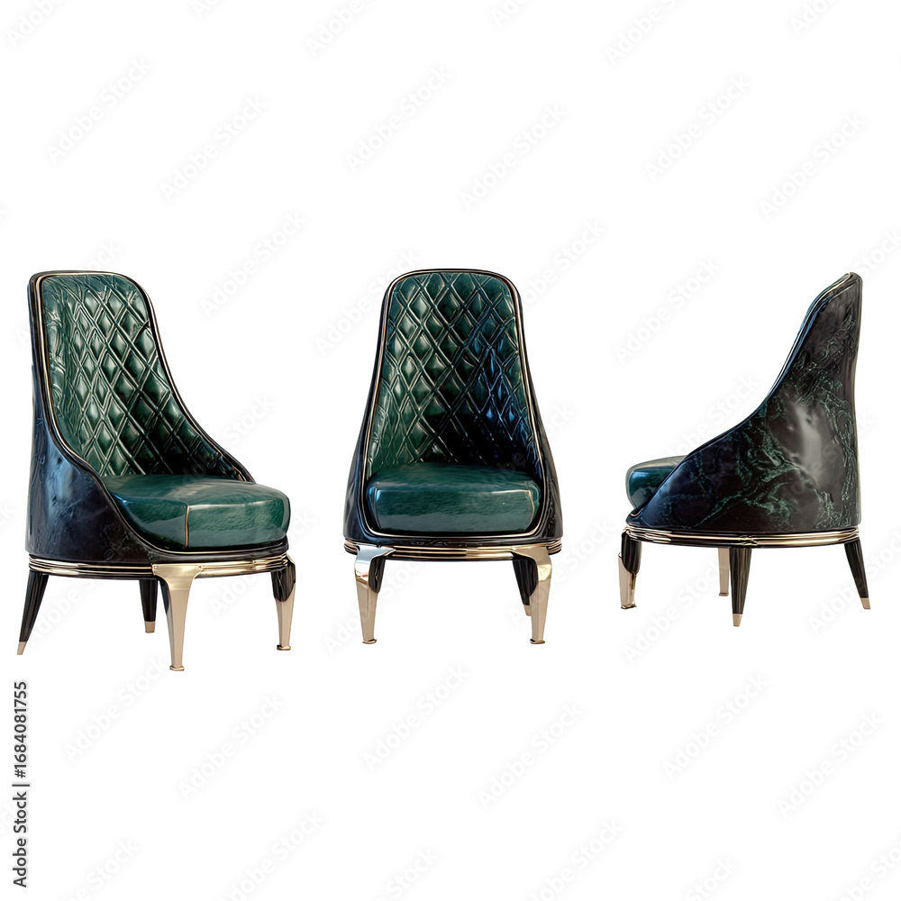Obraz premium Three modern armchairs, teal quilted upholstery, metallic bases