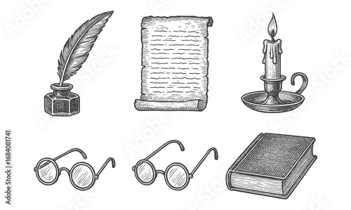 Vintage writing tools and accessories in hand drawn style