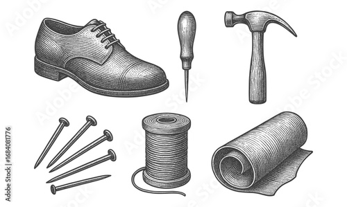 Vintage shoemaking tool set with detailed crosshatching style