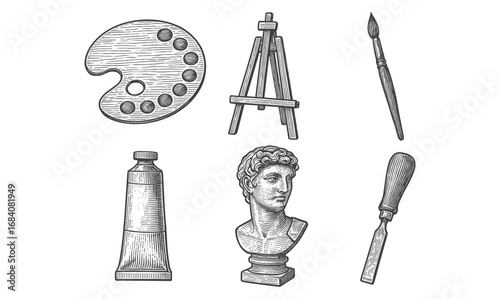 Artistic tools and sculpture in vintage engraving style