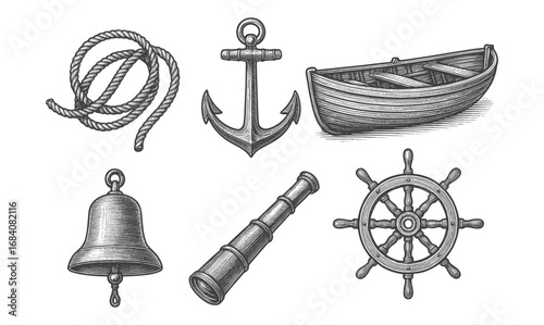 Nautical collection with vintage rope, anchor, boat, bell, telescope, and wheel