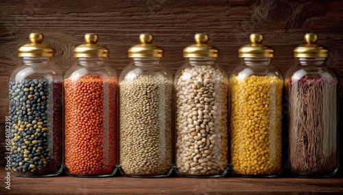 Glass jars filled with various legumes and grains, arranged on a rustic wooden surface