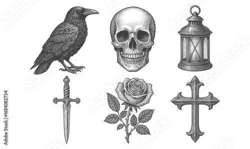 Gothic elements: skull, crow, rose, lantern, sword, and cross in detailed black and white art
