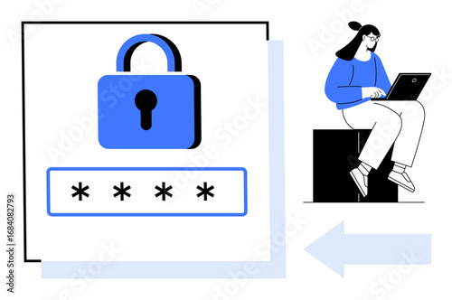 Padlock with password indicator and a woman typing on a laptop represent online security, privacy, or login processes. Ideal for technology, cybersecurity, privacy, online access, authentication