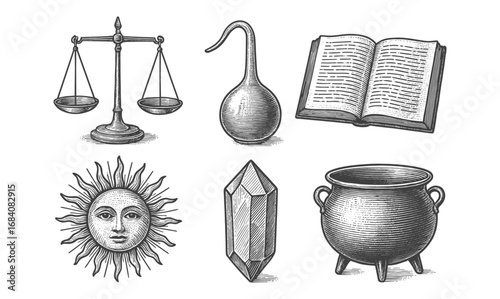 Vintage alchemy elements set featuring scales, open book, cauldron, and sun face in engraved style