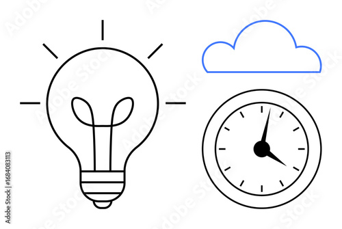 Light bulb radiates creativity, clock signifies time management, and cloud implies innovation and flexibility. Ideal for strategy, creativity, innovation, productivity, technology, time efficiency