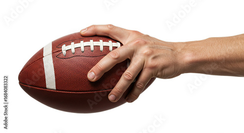 Close up of a hand holding an American football isolated on transparent background ready for game
