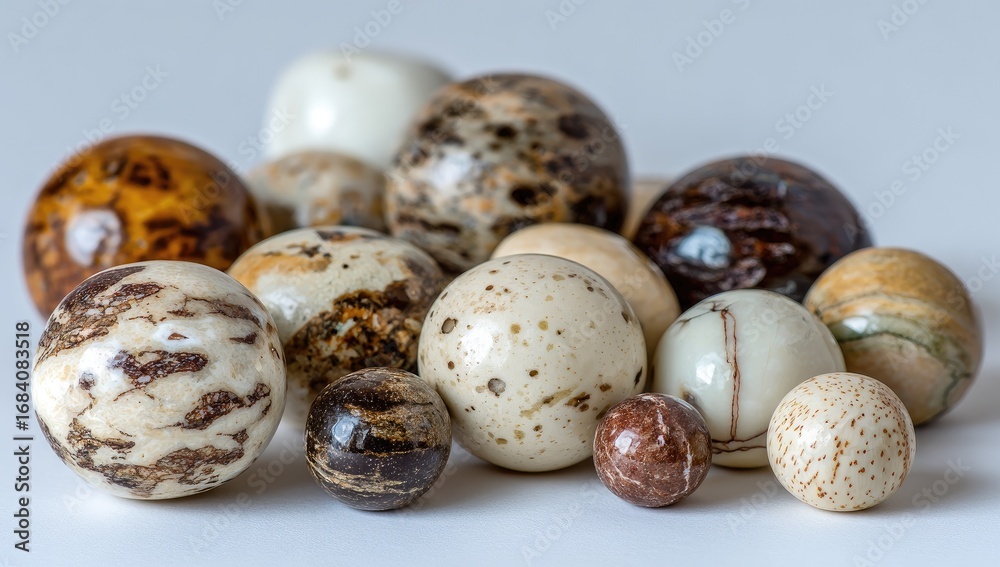 Obraz premium Close-up of a cluster of polished stone spheres in various shades of brown, beige, and white. Intricate patterns and textures are visible on each sphere