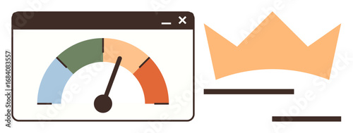 Dashboard with performance meter alongside crown symbolizing success, quality, and leadership. Ideal for business, productivity, leadership, recognition, competition progress goal setting. Simple