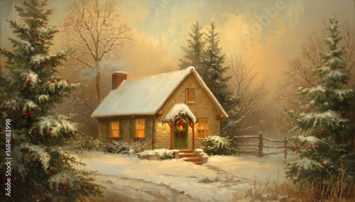 vintage oil painting of winter snowy house for christmas