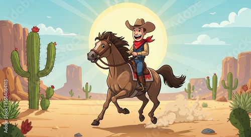 Cowboy riding horse in desert landscape illustration