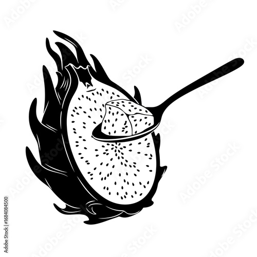 Dragon fruit slice with spoon silhouette isolated on white background