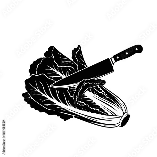 Knife cutting chinese cabbage silhouette isolated on white background