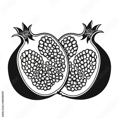 Two halves of a pomegranate silhouette isolated on white background