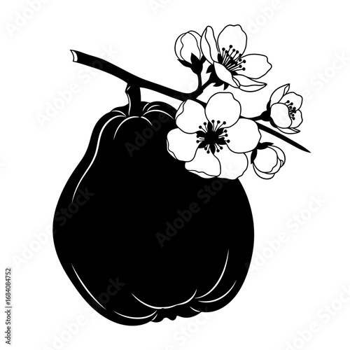 Black silhouette of a pear with blooming branches isolated on white background silhouette
