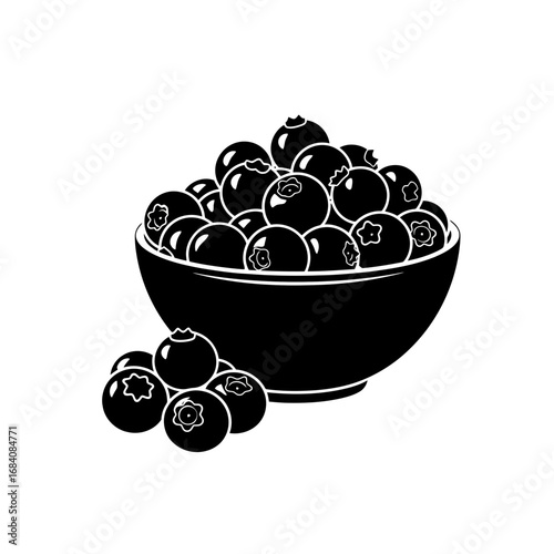Bowl of blueberries silhouette isolated on white background