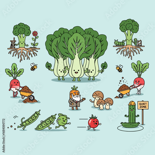 Cute cartoon vegetables and fruits in a garden scene silhouette isolated on white background