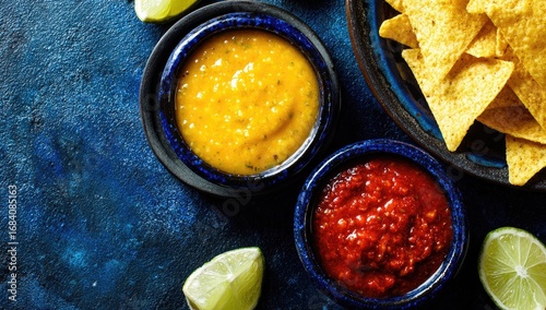 Trio of vibrant sauces and tortilla chips.  Fresh lime slices surround small bowls of mango salsa and spicy red salsa.  Golden tortilla chips are piled on a dark plate