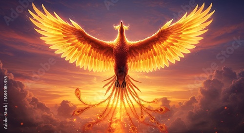 Mythical phoenix bird soaring in sunrise sky