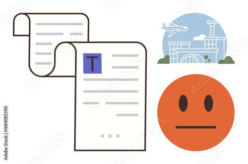 Two documents with details, airport and airplane symbolizing travel, and a neutral face emotion. Ideal for travel planning, decision-making, customer satisfaction, logistics, documentation