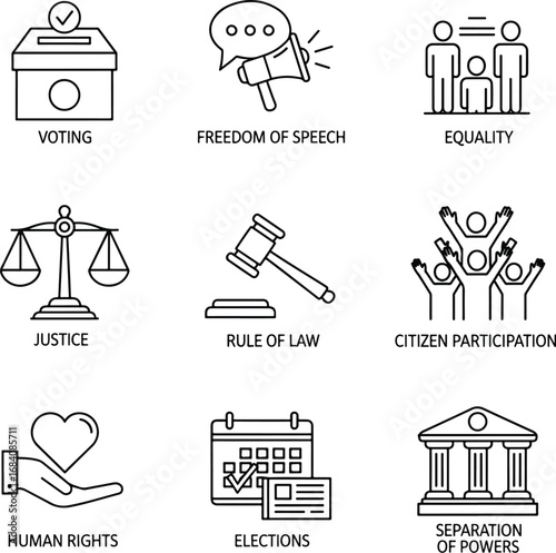 Democracy and Civil Rights Line Art Icon Set: A Collection of 9 Vector Icons Representing Freedom, Justice, and Citizen Participation Democracy day