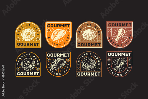 Donuts, sandwich, mexican taco, chicken drumstick, retro badge logo vector design collection set for restaurant, cafes, culinary, gourmet, fast food, snacks, menu