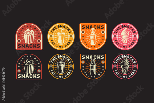 Popcorn, soda cups, soft drink bottles, and ice cream cones retro badge logo vector design collection set for restaurant, cafes, bar, culinary, snack, street food