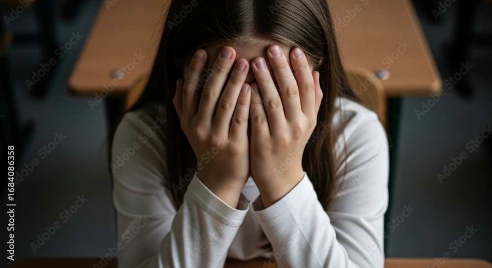 Obraz premium Schoolgirl sitting at desk in classroom covering eyes with hands and crying, bullying concept, student problems